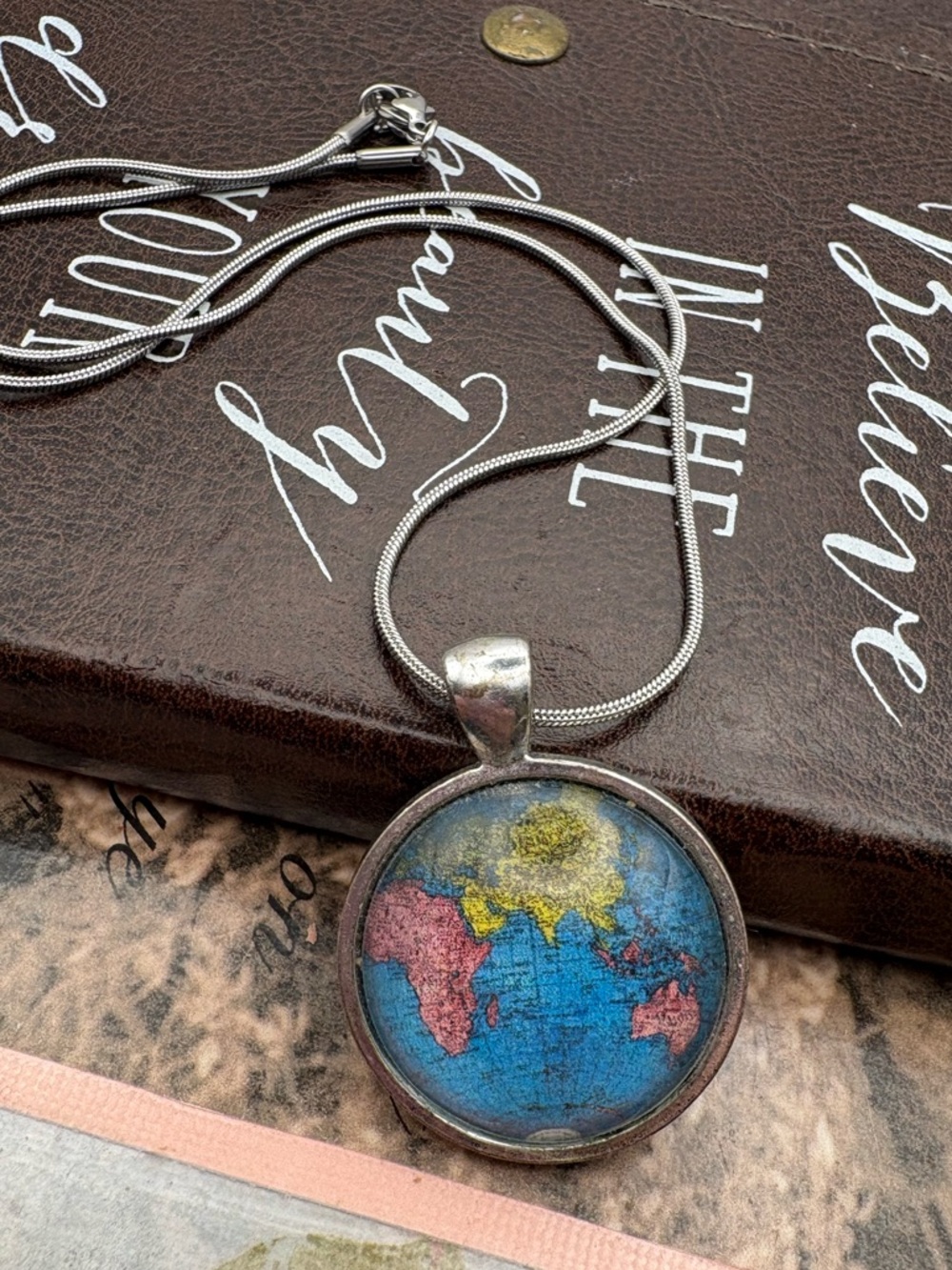 Blue World Map Pendant Necklace Travelcore Wanderlust Globe Atlas Traveler Gift